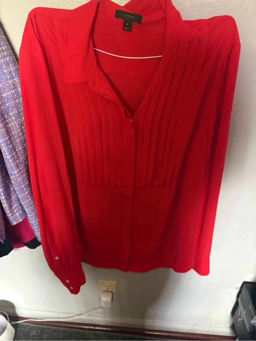J. Crew Red Pleated Button-Down Blouse